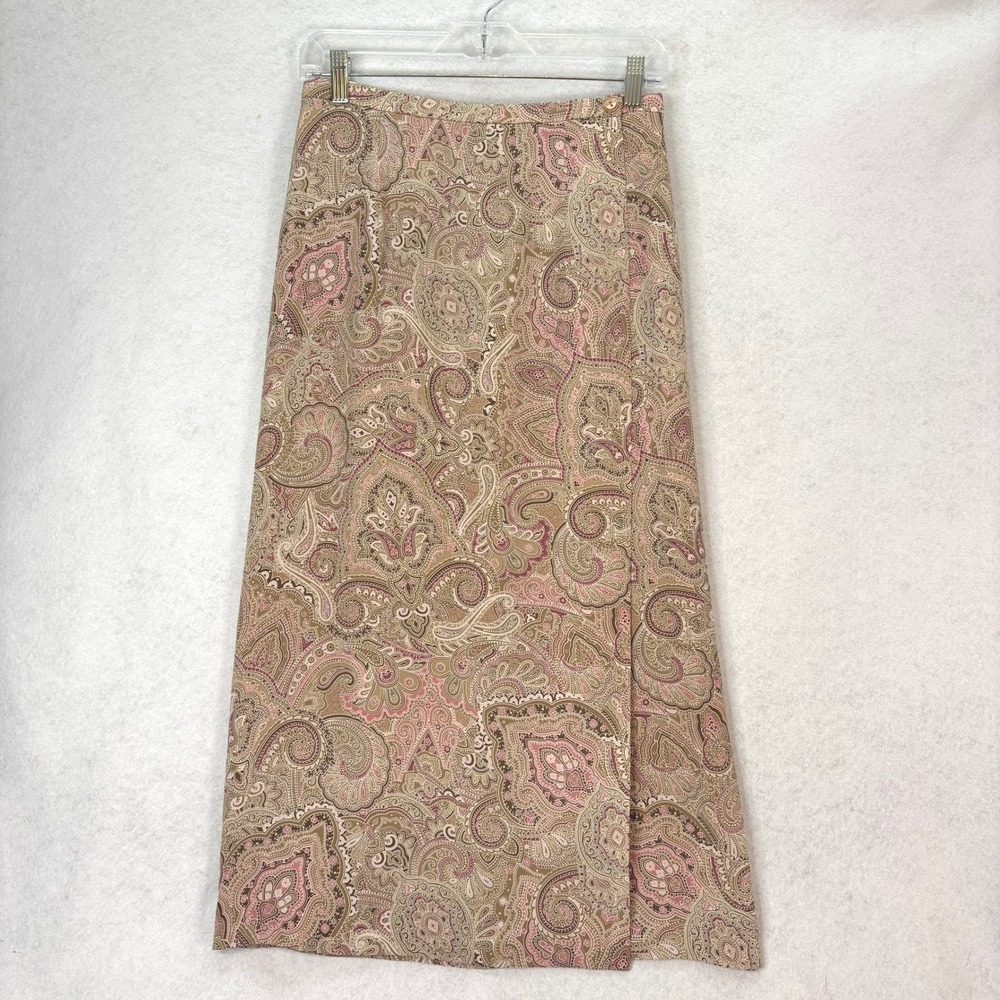 Vtg Talbots Tan/Pink Paisley Silk Lined Wrap Skirt‎ Womens 8P Boho Office 90's